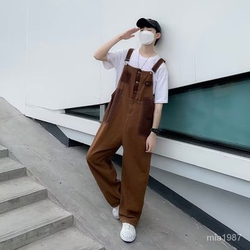 美式複古棕咖色牛仔背帶褲男日式vintage弔帶褲小個子工裝連體褲 1JTP