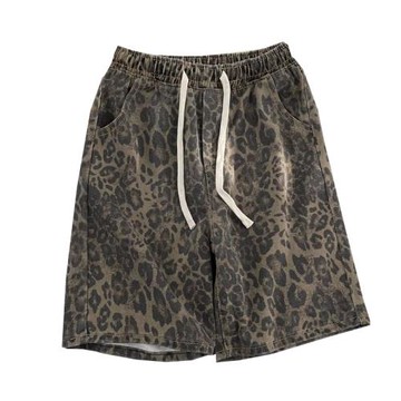 復古松緊腰豹紋牛仔短褲男款夏季美式vintage寬松直筒五分褲抽繩