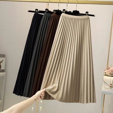 毛呢百褶半身裙女2023秋冬新款高腰加厚A字大擺裙中長款打底裙子