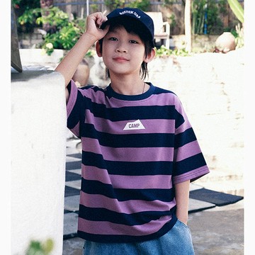 Y B S - 棉質圓領短袖上衣-條紋-紫色