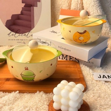 🛒臺灣24h🌳甜甜圈陶瓷釉下彩泡麪碗帶蓋學生宿舍家用高顏值耐高溫雙耳湯碗
