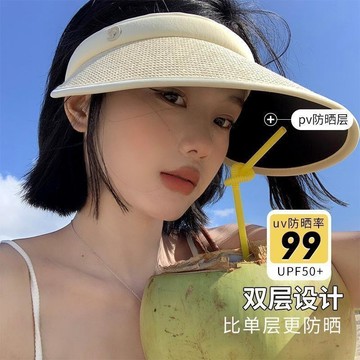 戶外防曬神器 遮陽防曬防曬遮陽帽2026髮箍編織遮陽帽夏天帽子女防紫外線戶外空頂太陽帽 防曬帽 防曬帽子遮臉防紫外線