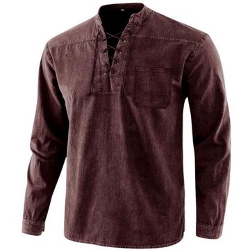 亞馬遜男士長袖上衣中世紀氣眼系帶立領男士套頭襯衫Shirt men。