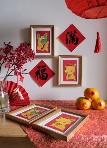 招財狗+守財犬 - 雙入含畫框  - 狗狗掛畫/新年掛畫/玄關裝飾畫
