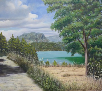 湖泊繪畫風景原創藝術山林水景藝術品