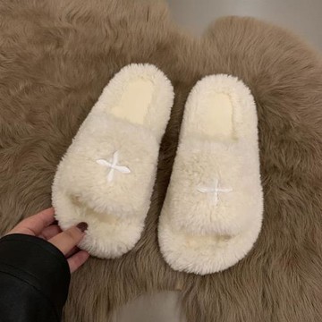 毛茸茸棉鞋女秋季新款厚底舒適保暖外穿網紅十字架小眾毛毛拖鞋潮