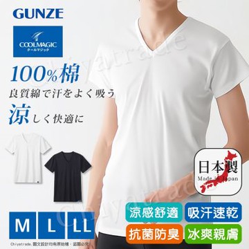 【日本郡是Gunze】日本製 COOLMAGIC 100%純棉 男士機能涼感 V領 短袖內衣 T-shirt(任選)M/L/LL