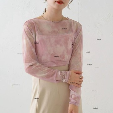 # c886tn5 熱銷防曬內搭/*2色上衣 親膚修身打底上衣 女款暈染圓領透膚上衣 戀愛氛圍拉滿