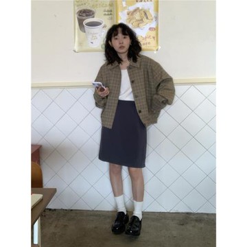 ifbeer復古灰藍色韓版五分裙高腰短裙ins松緊半身裙夏季顯瘦女