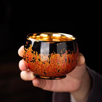 天然大漆建盞茶杯內鎏金菩提葉主人杯輕奢大號品茗杯辦公家用個人