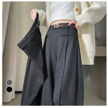 【MsMore】加絨高腰窄版休閒毛呢闊腿直筒長褲# 126818