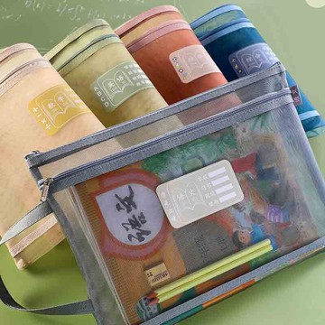 多色可選透明網袋手提文件網紗袋 雙層文件 手提袋 a4文件袋 補習袋 小學生書袋 手提書袋