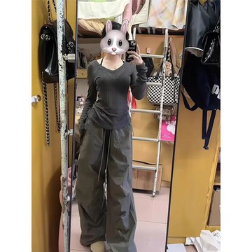 灰色罩衫女薄紗上衣吊帶兩件套鏤空修身收腰穿搭薄款v領長袖爵士