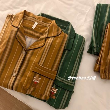 復古情侶睡衣春秋季長袖純棉翻領一男一女可外穿高級感條紋家居服