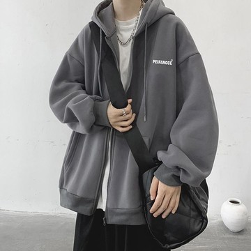 拉鍊重磅印花美式復古深灰色衛衣女2024春秋薄款連帽開衫休閒外套