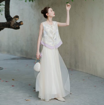 【錦繪白】新中式復古中國風 無袖圓領/刺繡背心/吊帶/半裙