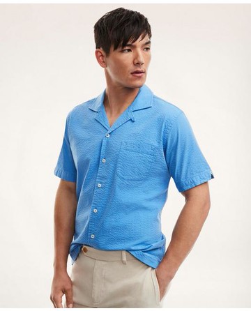 Brooks Brothers Men's Regent Regular-Fit Sport Shirt, Camp Collar Short-Sleeve Seersucker | Light Blue | Size XS