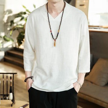 亞麻T恤男短袖寬松棉麻七分袖打底體恤衫中國風夏季潮流V領上衣服