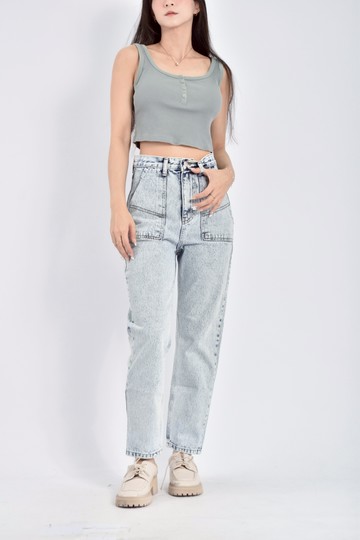 (S) amber madam高腰質感丹寧牛仔刷色寬褲藍色長褲