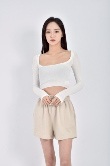 加購優惠(S) renesans修身短版低圓領坑紋白色長袖上衣