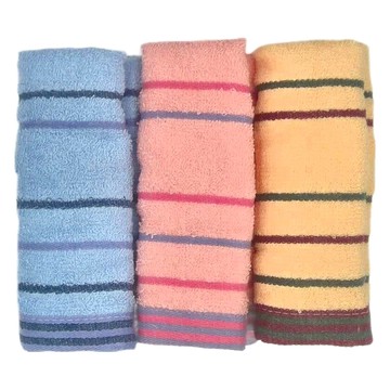 毛巾3件組 33x74公分 台灣製  純棉緞檔 藍色 + 紅色 + 黃色  1組