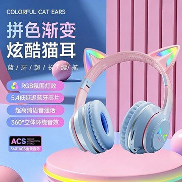 【特價速發隔日達】可愛貓耳發光頭戴式藍牙耳機 BT發光漸變色 兒童/學生電競遊戲音樂插卡插線可折疊無線耳麥 超大續航待機