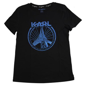 KARL LAGERFELD 卡爾 巴黎鐵塔亮片圖案棉質短T恤.黑