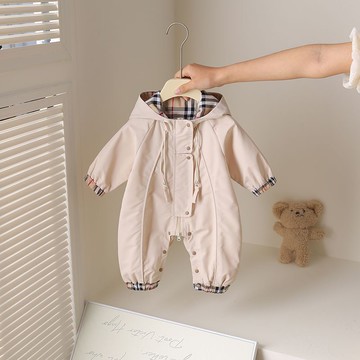 嬰兒連體衣寶寶春秋經典格紋時尚哈衣寶寶連帽沖鋒衣韓版休閑爬服鑫弘-萌寶童裝可開發票