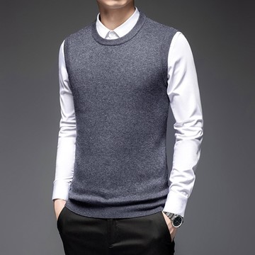 [米蘭精品] 羊毛背心針織衫上衣-圓領素面經典純色防寒保暖男背心外套5色74do19