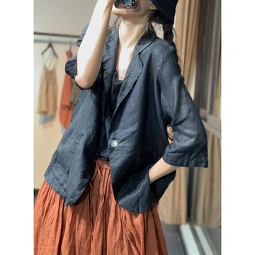 苧麻西裝外套女夏季2025新款寬松休閑簡約純色顯瘦百搭防曬開衫女