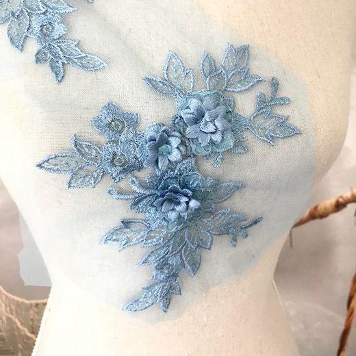 チュールモチーフ 水色 3D 花 刺繍 ハンドメイド 衣装 装飾