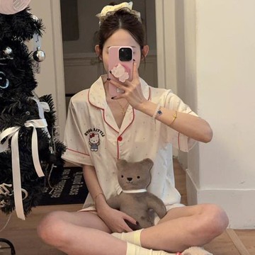 日系ins冰絲睡衣女夏季開衫短袖短褲高級感卡通可愛家居服兩件套