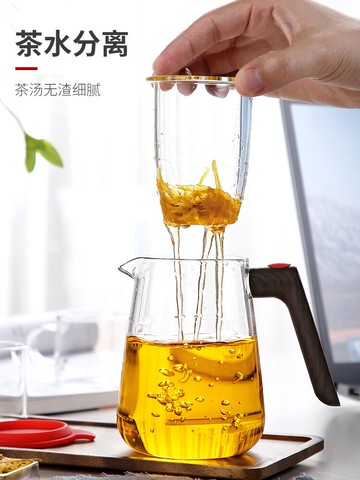 唐豐玻璃杯家用透明個人喝水杯辦公過濾花草泡茶杯實木帶把杯A
