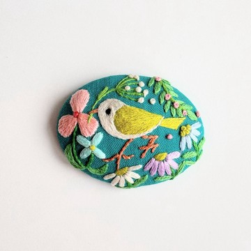 小鳥與花草刺繡胸針 (botanical)#491