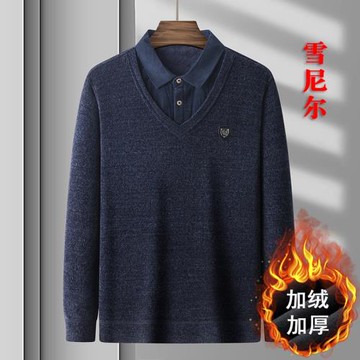 冬季中年男士翻領加絨加厚假兩件爸爸裝毛衣中老年男裝寬松針織衫