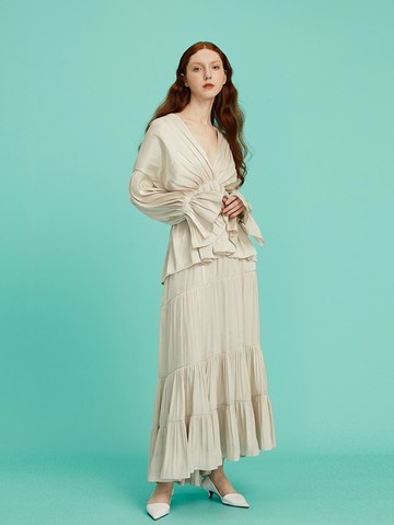 【收腰】新中式復古中國風 V領長袖雪紡衫