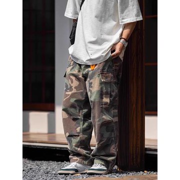 2025夏季復古水洗做舊純色橡筋腰長褲男士防撕格子布大口袋工裝褲