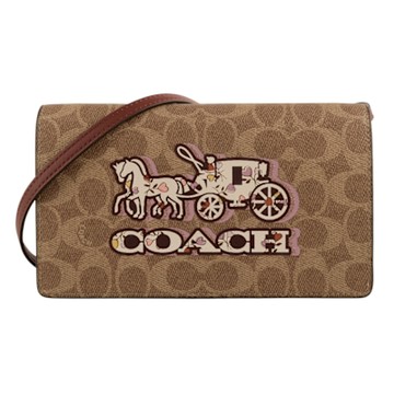 COACH 彩印馬車標誌皮夾式防刮 WOC 斜背包(深卡其)S