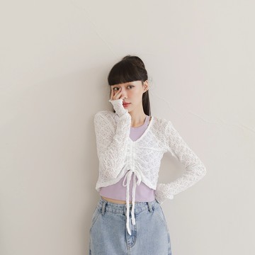 QUEENSHOP_ S 女裝 長袖 抽繩抓皺造型透膚蕾絲上衣 兩色售 現+預 【01098837】