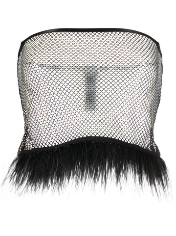 Patrizia Pepe - feather-trim rhinestone mesh top - women - Cotton/glass/Polyamide/Polyester - 00 - Black