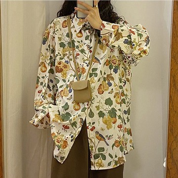 [韓國K.W.]法式滿版印花名媛知性追加襯衫上衣外套(防曬/長袖襯衫/長袖上衣/薄外套)