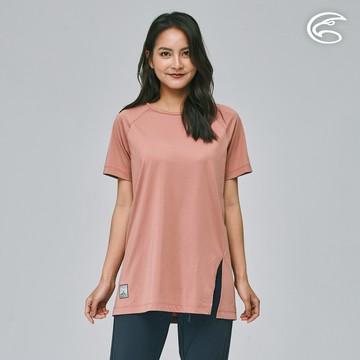 ADISI 女合撚超細纖維抑菌短袖長版圓領T AL2311086 (S-XL) 豆沙粉｜抗UV 吸濕排汗 快乾 抗菌 彈性 排汗衣