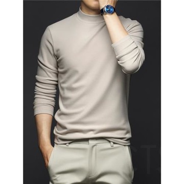 雙面絨長袖t恤男純色半高領打底衫潮流中領秋衣加絨加厚內搭上衣