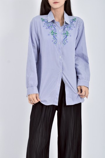 (M) innocente質感棉質長袖刺繡條紋藍色襯衫上衣