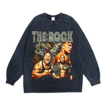 數碼直噴演員巨石強森強森the rock人物印花圓領T恤長袖寬松純棉