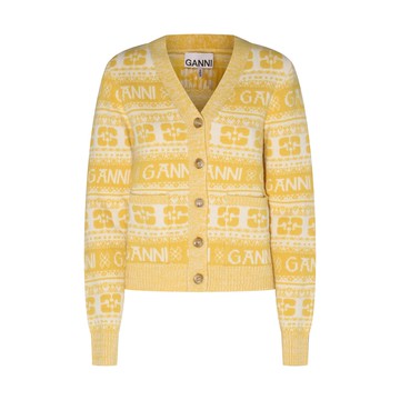 Ganni - Yellow And White Wool Blend Cardigan