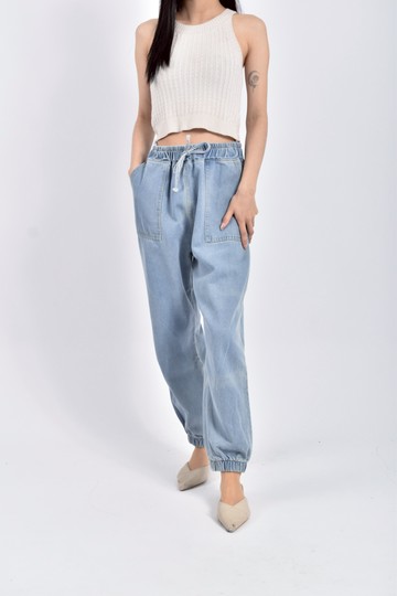 (M) 高腰丹寧牛仔鬆緊腰藍色長褲