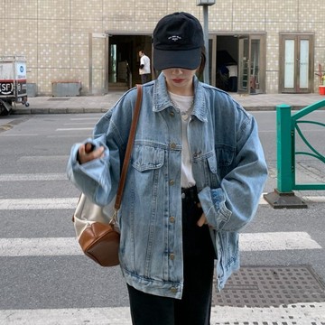 M-5XL 大尺碼白色長袖上衣+牛仔外套 春秋牛仔外套女春秋韓版寬松時尚夾克工裝上衣ins