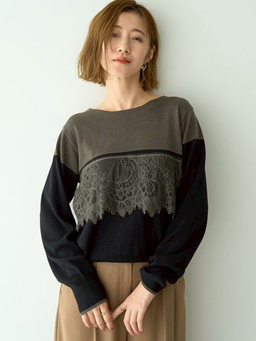 典雅蕾絲雙色配色圓領針織上衣(07001105800) - YECCA VECCA