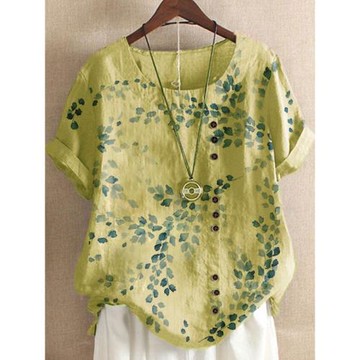 亞麻圓領上衣胖妹妹棉麻印花短袖t恤衫寬松夏季繡花大碼女裝襯衫